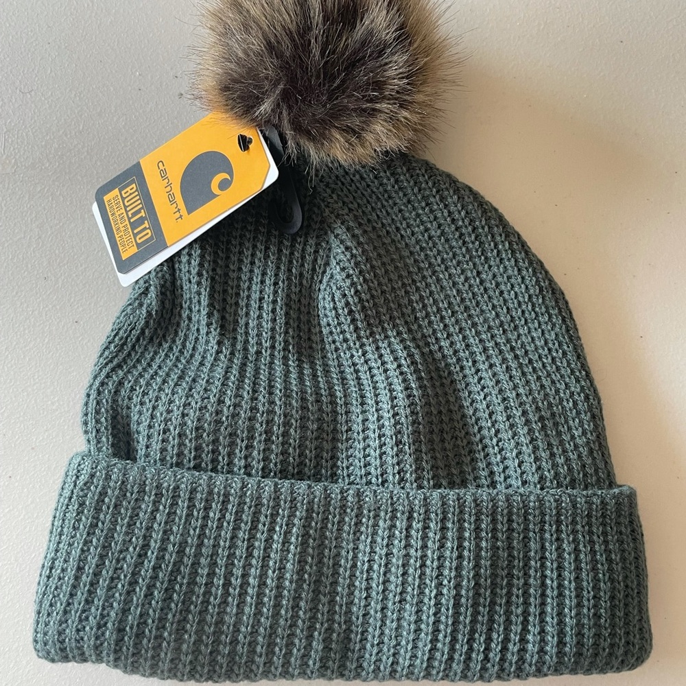 🎉HOST PICK🎊🙌❤️🍾Carhartt Knit Fleece Lined Beanie+Elm+Pom+Green - Picture 4 of 7